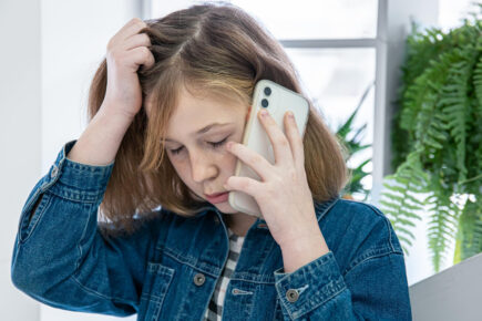 Zatroskana dziewczynka z telefonem przy uchu